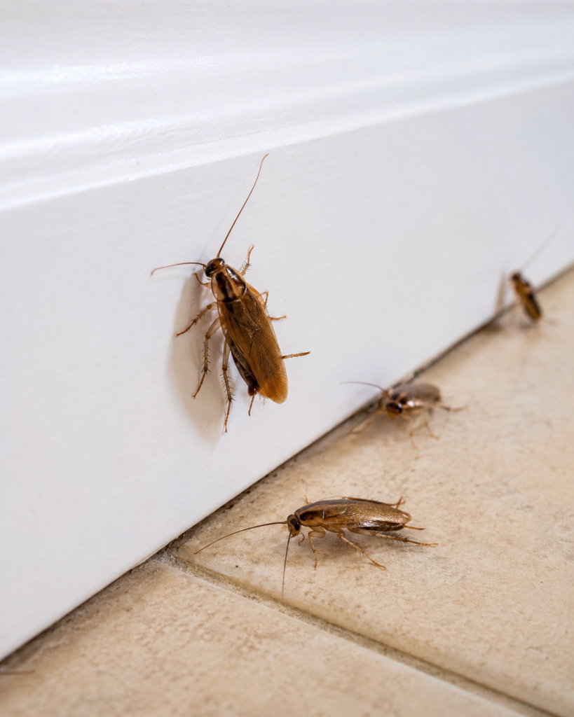 Cafards visibles le long des bords du carrelage dans un logement du Var.
