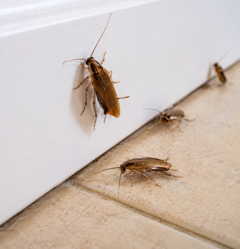 Cafards visibles le long des bords du carrelage dans un logement du Var.